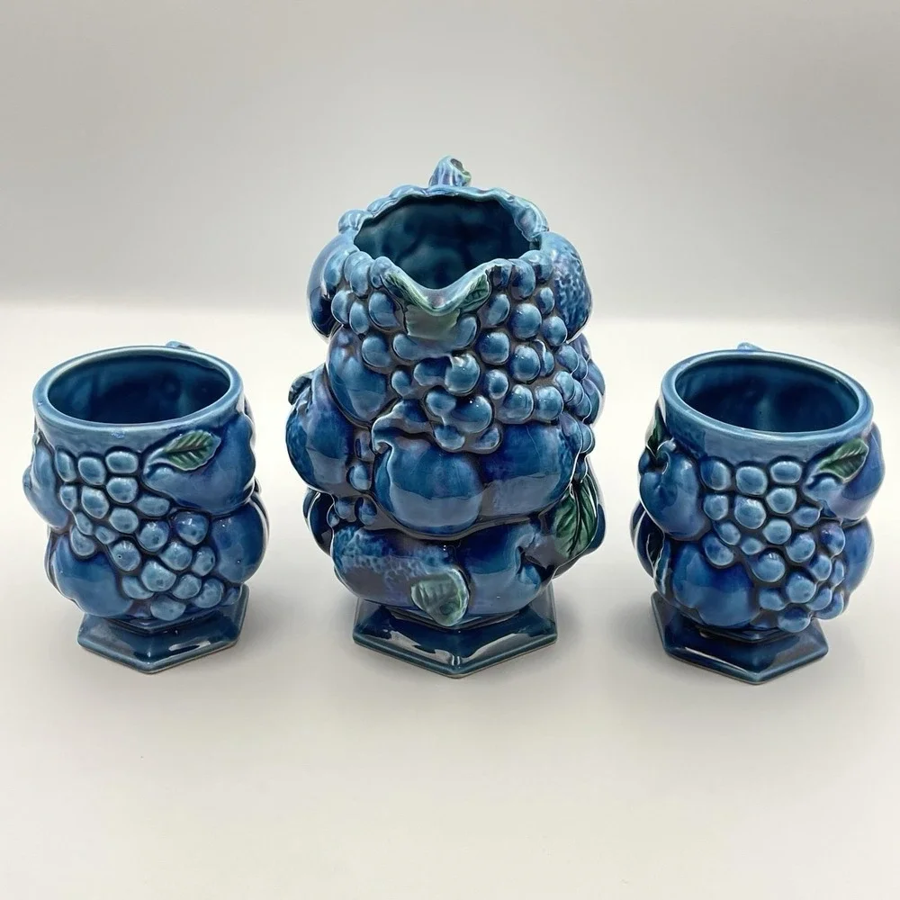 Inarco Japan Blue Fruit Pitcher & 2 Mugs Set E2431 / E2429 Vintage Ceramic 1960s
